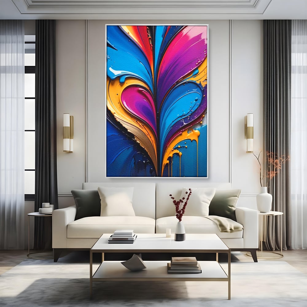 Tablou canvas cu pictura abstracta cu valuri colorate, in rama de aluminiu argintiu, pe perete intr-un living